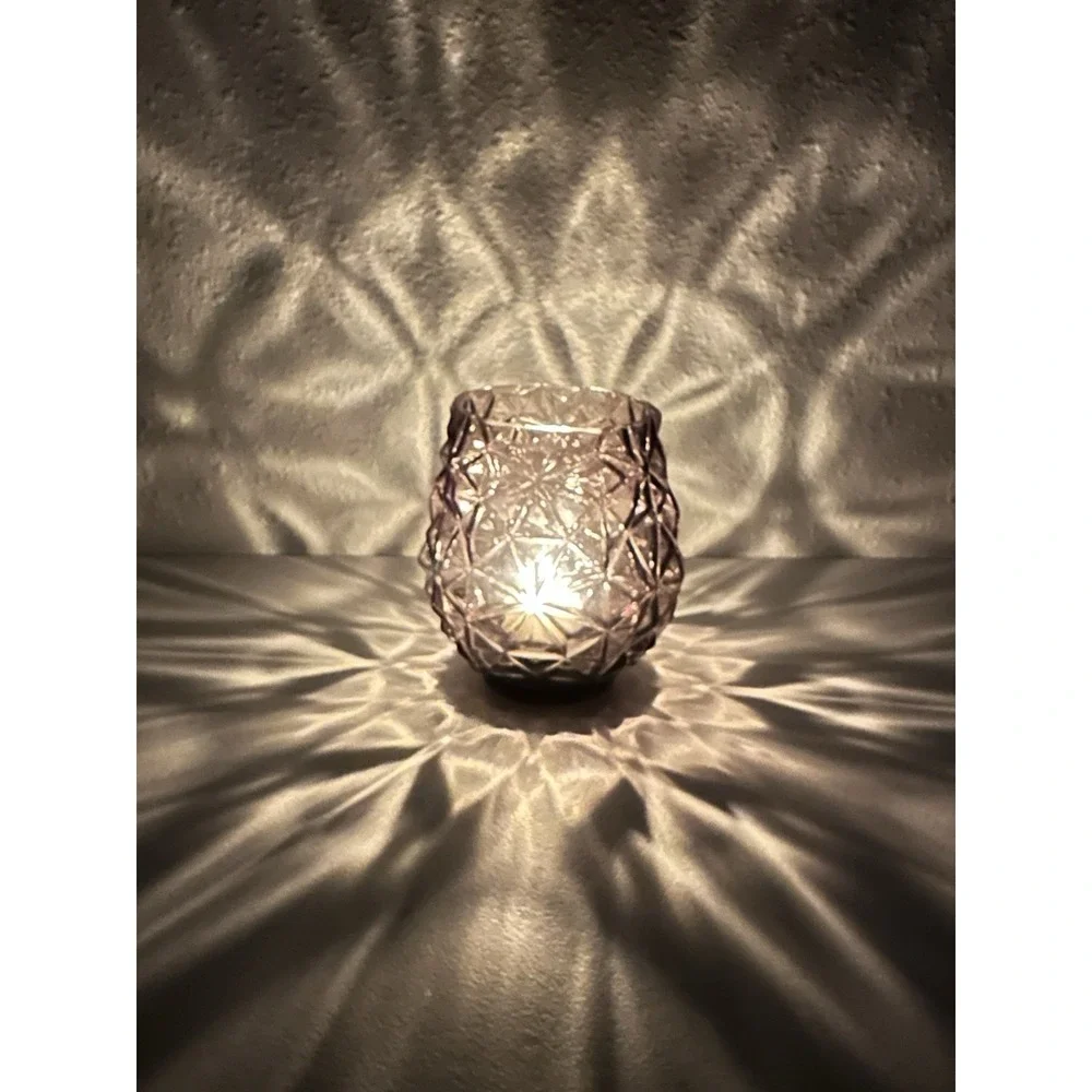 Vintage Smoky Amethyst Faceted Glass Candle Holder Diamond Cut Geometric 6